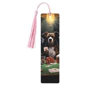 Lot de 5 marque-pages en bois vintage avec pompons - Motif chiens de poker - Fait à la main - Marqueurs de page en bois à suspendre pour les amateurs de livres