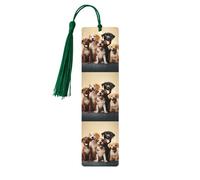 Lot de 5 marque-pages en bois vintage avec pompons - Motif chiens - Happy Party - Fait à la main - Marqueurs de page de lecture - Étiquettes à suspendre en bois pour les amateurs de livres