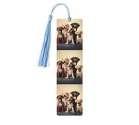 Lot de 5 marque-pages en bois vintage avec pompons - Motif chiens - Happy Party - Fait à la main - Marqueurs de page de lecture - Étiquettes à suspendre en bois pour les amateurs de livres