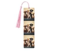 Lot de 5 marque-pages en bois vintage avec pompons - Motif chiens - Happy Party - Fait à la main - Marqueurs de page de lecture - Étiquettes à suspendre en bois pour les amateurs de livres