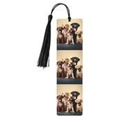 Lot de 5 marque-pages en bois vintage avec pompons - Motif chiens - Happy Party - Fait à la main - Marqueurs de page de lecture - Étiquettes à suspendre en bois pour les amateurs de livres
