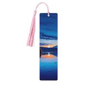 Lot de 5 marque-pages en bois vintage avec pompons - Motif coucher de soleil bleu - Fait à la main - Marqueurs de page de lecture - Étiquettes décoratives à suspendre pour les amateurs de livres