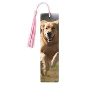 Lot de 5 marque-pages en bois vintage avec pompons - Motif golden retriever - Fait à la main - Marqueurs de page - Décoration pour les amateurs de livres