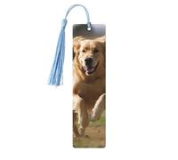 Lot de 5 marque-pages en bois vintage avec pompons - Motif golden retriever - Fait à la main - Marqueurs de page - Décoration pour les amateurs de livres