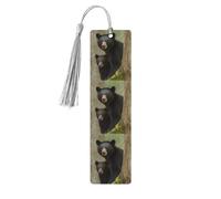 Lot de 5 marque-pages en bois vintage avec pompons - Ours noir - Mère et petit - Fait à la main - Marqueurs de page - Étiquettes à suspendre en bois pour les amateurs de livres