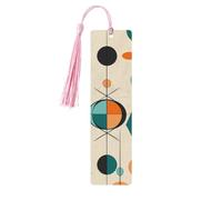 Lot de 5 marque-pages géométriques en bois du milieu du siècle, faits à la main, imprimés double face, marque-pages avec pompons roses, accessoires de livre, cadeau pour les amateurs de livres, femmes