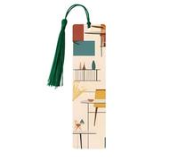 Lot de 5 marque-pages modernes en bois du milieu du siècle avec pompons vert foncé faits à la main - Marque-pages imprimés double face - Accessoires de livre - Cadeau pour les amateurs de livres pour