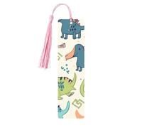 Lot de 5 marque-pages rectangulaires en bois avec pompons colorés en forme de dinosaure pour les amateurs de livres, cadeaux inhabituels pour homme et femme