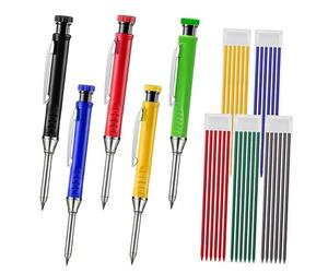 Lot de 5 marqueurs professionnels - 5 stylos + 30 mines (noir/bleu/rouge/vert/jaune), taille-crayons intégrés, nez étendu pour tracer des trous profonds - Bricolage / menuiserie