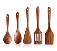 Lot de 5 meilleures cuillères en bois d'acacia pour la cuisine - Spatule de cuisine en bois d'acacia - Spatule non toxique - Ustensile de service à fente - Spatules plates en bois - Utensis - Cuillère