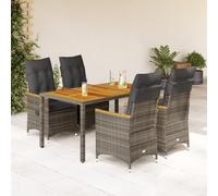 Lot de 5 meubles de jardin gris avec coussins, rotin PE, chaise de jardin avec dossier réglable, table d'appoint en bois d'acacia, siège confortable avec coussins épais, amovible