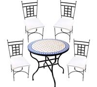 Lot de 5 meubles de jardin Marrakech bleu naturel Athènes 80 cm | Table mosaïque méditerranéenne avec 4 chaises | Ensemble de balcon et terrasse fait à la main | Mobilier mosaïque marocain en fer
