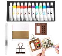 Lot de 5 mini aquarelles de voyage pour artiste - 8 grilles - Kit de peinture aquarelle portable en bois avec clip en métal - Stylo aquarelle - Carnet de croquis - 12 aquarelles