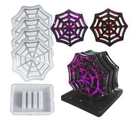 Lot de 5 moules en résine de silicone en forme de toile d'araignée avec 4 tapis en forme de toile d'araignée et un support de rangement en silicone époxy pour verres à café, 3D DIY Halloween