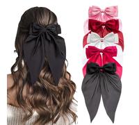 Lot de 5 nœuds à cheveux surdimensionnés en satin avec longues queues - Blanc élégant, noir, rouge, rose, rose vif pour femmes et filles, grandes barrettes à nœud, accessoires pour cheveux coquette