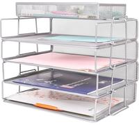 Lot De 5 Organiseurs De Bureau En Maille Métallique ¿ Trieur De Papier Empilable À 4 Étages Avec Organiseur D'accessoires 4 Compartiments/Multifonctionnel/Porte-Dossiers