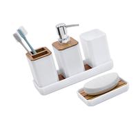 Lot de 5 organiseurs de salle de bain comprenant un distributeur de savon, un porte-brosse à dents, des gobelets, un plateau de courtoisie et des supports polyvalents