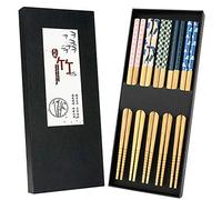 Lot de 5 paires de baguettes japonaises en bambou naturel, motifs uniques, lavables, réutilisables et antidérapantes pour plats asiatiques, sushis, nouilles de riz