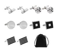 Lot de 5 paires de boutons de manchette en acier inoxydable, 1 sac de rangement, boutons de manchette pour costume de chemise pour homme (noir et argent), taille unique, Acier inoxydable, Acier