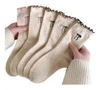 Lot de 5 paires de chaussettes pour femme style ballet Y2K Coquette Bowknot brodé Bordure à volants sur la cheville Respirant mignon Lolita Preppy Hosiery Daily Wear, multicolore, Taille unique