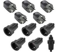 Lot de 5 paires de fiches Schuko : 250 V 16 A IP54 - En caoutchouc - Avec contact de protection - 2 broches - Extérieur étanche - Noir - Fiche Schuko et raccord en caoutchouc sans câble