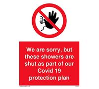 Lot de 5 panneaux avec inscription « We are sorry, but these showerers are shut as fait partie de notre plan de protection Covid 19 », 150 x 200 mm.
