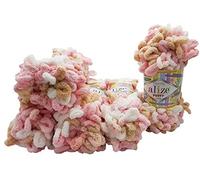 Lot de 5 pelotes de laine à tricoter Alize Puffy Color, 100 g par pelote donc 500 g au total, multicolores, à boucles, idéales pour le tricotage au doigts et sans aiguille (beige rose blanc 6046)