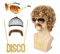 Lot de 5 perruques pour homme avec collier, barbe et lunettes des années 70 et 80 Disco Dude Dirt Bag Perruque hippie pour homme Costume des années 80 Accessoires pour carnaval, cosplay et festivals