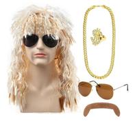 Lot de 5 perruques Vokuhila des années 80 pour homme, longues perruques disco bouclées, style hippie, cheveux longs bouclés, tenues des années 80 pour hommes, chanteurs, rappeurs, rockers, avec Br