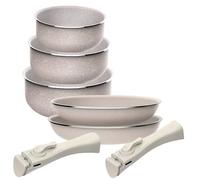 Lot de 5 pièces : 2 poêles Ø24Ø28cm et 3 casseroles Ø16Ø18Ø20cm en aluminium pressé avec revêtement ILAG avec 2 poignées amovibles