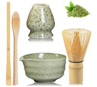 Lot de 5 pièces à thé matcha, mélangeur à matcha, fouet à matcha, bol à matcha en céramique, bol à matcha avec bec verseur, support mélangeur à matcha et cuillère en bambou, accessoires pour matcha