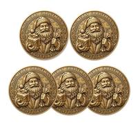 Lot de 5 pièces de monnaie de Noël double face « Merry Christmas » - Cadeau | Relief profond sculpté en 3D, sensation lourde, substantielle, étui en acrylique, sans emballage, cloches et scène d'arbre de