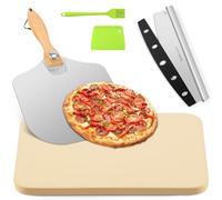 Lot de 5 pierres à pizza rectangulaires de 38,1 x 30,5 cm pour four et barbecue d'extérieur avec pelle à pizza en métal et roqueteuse, poêle à pizza en pierre épaisse de 1,5 cm, pierre de cuisson pour