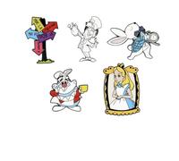 Lot de 5 pin's Alice au Pays des Merveilles, Alice, Chapelier Fou, Lapin, Pancarte, Broche Epinglette Accessoire Vetement Sac, 4 x 3 cm