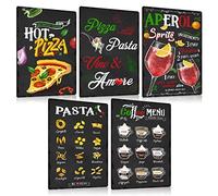 Lot de 5 Plaque Vintage Metal Italie Nourriture 20x30cm - Italienne Pizza Pasta Coffee Panneau - Italy Italien PAYS Pancarte Affiche Decoration Murale Cadeau Pour la Cuisine Kitchen Restaurant