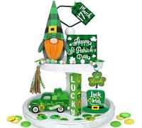Lot de 5 Plateaux décoratifs à étages avec Gnomes en Peluche, Inscription Happy St.Patrick Day en Bois, Guirlande de Perles de trèfle en Bois - Décoration de fête Irlandaise pour la Maison et la