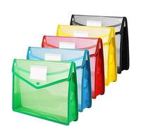 Lot de 5 pochettes A4 en plastique avec bouton-pression A4 + pochettes pour documents sélectionnées avec bouton pour l'école, le bureau, la maison - Rouge, bleu, jaune, vert, noir
