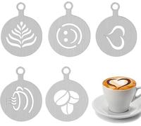 Lot de 5 pochoirs à café en acier inoxydable - Pour cappuccino, barista, cacao, décoration - Accessoire de café - Modèles d'art DIY - Café cappuccino