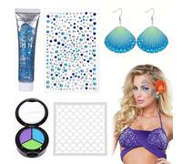 Lot de 5 pochoirs de maquillage de sirène, écailles + gel pailleté épais + boucles d'oreilles en forme de coquillage + strass bleus autocollants pour le visage + peinture du visage de sirène pour