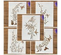 Lot de 5 pochoirs réutilisables pour peinture, format A4, 29 cm, herbe d'oiseau, bambou, prune, pour peinture sur bois, toile, sol, mur, carrelage, tissu, meubles
