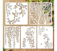 Lot de 5 pochoirs réutilisables pour travaux manuels, feuilles d'arbre, vigne, pour peinture sur bois, grandes branches d'oiseaux, pochoir pour peinture, mur, meubles, toile, sol, décoration