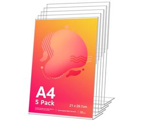 Lot de 5 Porte Affiche Document A4, Forme en L Incliné en Acrylique Transparent, Présentoir de Comptoir, Publicité, Cadre Photo, Pancartes, Brochures, Dépliants, Menus, Affichage, Bureau, Magasin