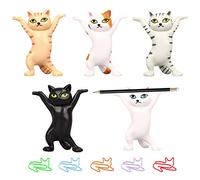Lot de 5 Porte-stylos en Forme Chat Dansant avec 5 Trombones en Forme Chat, décoration d'haltérophilie, Porte-Stylo, Support Bouchon d'oreille, décoration Durable Amusante, Cadeau Les Amoureux Chats