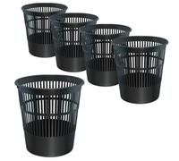 Lot de 5 Poubelles de bureau Noir Waytex Corbeille à papier en plastique pour bureau, chambre ado - Contenance 16L - Couleur Noir