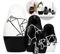 Lot de 5 poupées gigognes noires et blanches - Poupées russes matriochka empilables en bois - Figurines d'animaux africains de style géométrique - Décor noir et blanc