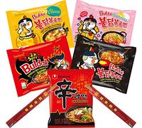 Lot de 5 ramen coréen et 2 baguettes en bambou WikiMark. Comprend Samyang Noodles Carbonara, Samyang Cheese, Samyang Hot Chicken, Samyang 2x Spicy, Nongshim Shin Ramyun Noodle Soup.