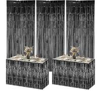 Lot de 5 rideaux noirs à franges en feuille d'aluminium et jupe de table à franges noires pour anniversaire, Halloween, mercredi, remise de diplôme, mariage, décoration de fête sur le thème des