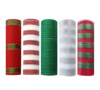 Lot de 5 rouleaux de maille décorative 25, 4 cm, 9, 1 m, ruban en maille à rayures rouges, blanches, vertes et argentées pour couronnes, sapin Noël, swags, artisanat, décoration fête vacanc