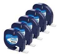 Lot de 5 rouleaux de ruban adhésif de rechange pour Dymo LetraTag 91201 (S0721660) - Noir sur blanc - Compatible avec les étiqueteuses Dymo LT100H LT100T QX50 - 12 mm x 4 m