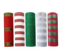 Lot de 5 Rouleaux de Ruban décoratif en Maille 25, 4 cm, 9, 1 m, à Rayures Rouges, Blanches, Vertes et argentées, pour couronnes, sapins Noël, Loisirs créatifs, fêtes d'hiver, décorations fê